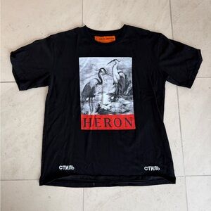 Heron Preston Black Tee with Red Logo and White Graphics